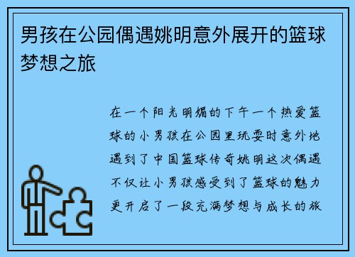 男孩在公园偶遇姚明意外展开的篮球梦想之旅